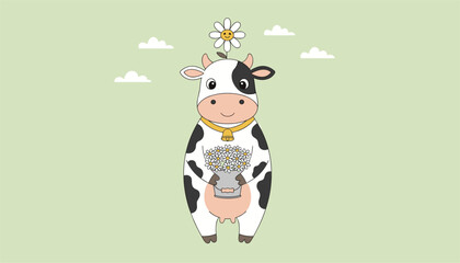 Fototapeta premium Adorable cartoon cow holding a bouquet of white daisies and wearing a golden bell collar against a soft green sky.