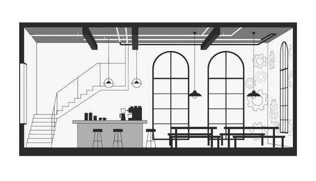 Modern loft style cafe interior in black and grey vector illustration with stairs bar counter and cozy dining tables.