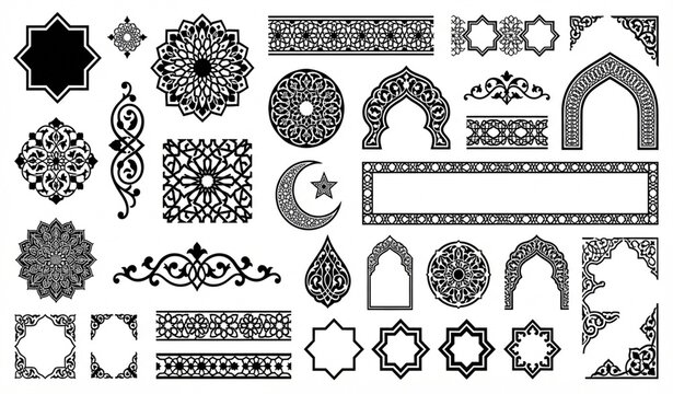 Islamic Geometric Ornaments and Arabesque Black Silhouette Vector Collection