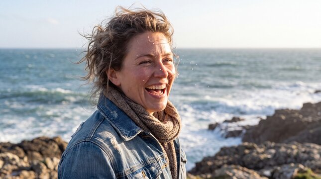 Happy mature woman laughing joyfully with windblown hair standing near rocky ocean coastline with wearing denim jacket scarf near sea
