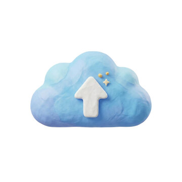 Cloud icon with an upload arrow is rendered in a blue clay style.