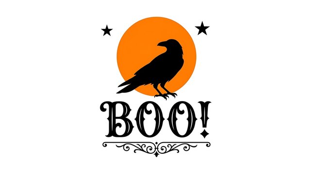 A classic vintage halloween illustration shows a black raven silhouetted against a vibrant orange moon with eerie spooky lettering