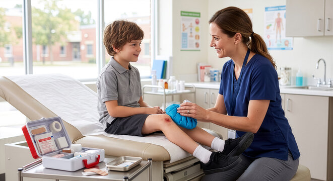 Caring school nurse applies a blue cold pack to a boy&rsquo;s scraped knee while providing first aid in a bright modern school health room.