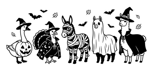 Obraz premium Cute cartoon animals dressed in costumes for Halloween celebration party