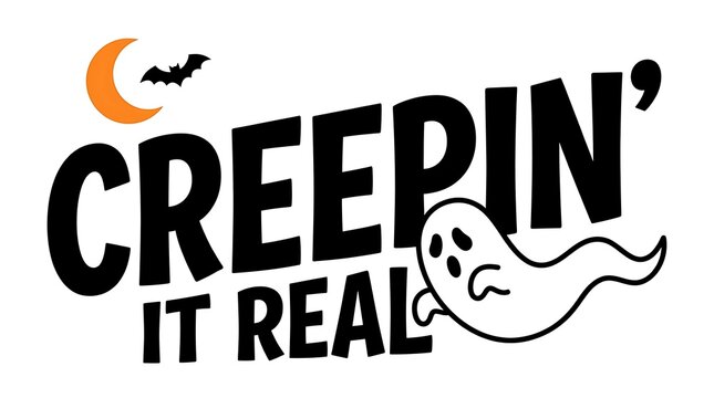 Creepin it real halloween typography design featuring a cute ghost and crescent moon illustration perfect for spooky season projects and designs