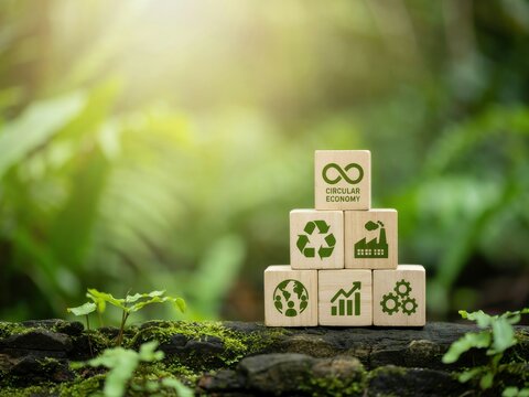 Wooden blocks with circular economy and recycling icons stacked in nature