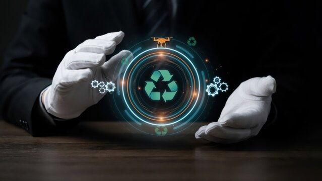 Digital display of circular economy and recycling symbol with futuristic elements