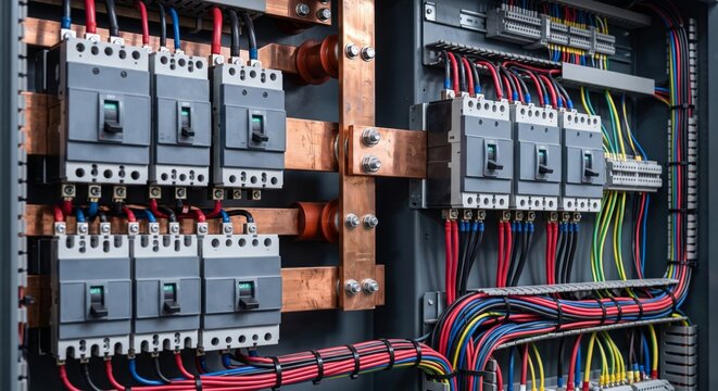 Electrical switchgear panel close-up showing copper busbars and circuit breakers in industrial setting