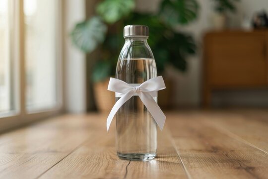 Clear glass water bottle with a white ribbon tied around its neck, on a wooden floor in a blurred indoor setting, symbolizing a healthy gift.