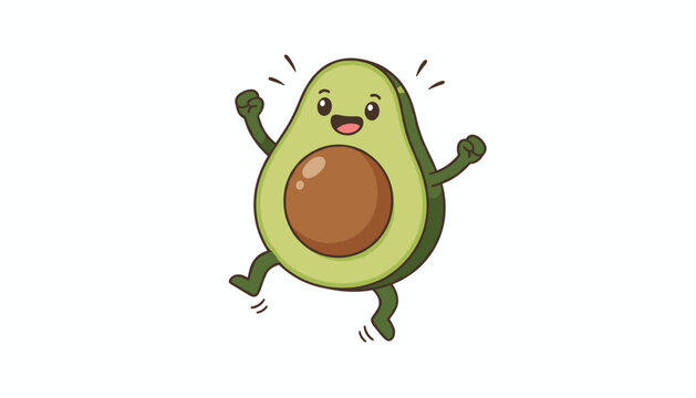 Cheerful cartoon avocado character jumping and dancing with hands raised in joy on a clean white background.