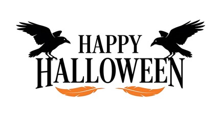 Fototapeta premium A festive halloween greeting features spooky black ravens perched above a bright pumpkin with beautiful handwritten lettering for a seasonal design