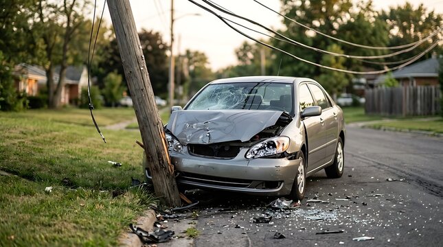Silver sedan damaged after hitting utility pole on suburban street