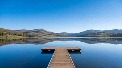 Fototapeta premium Wooden pier on a calm lake with mountain reflections under blue sky