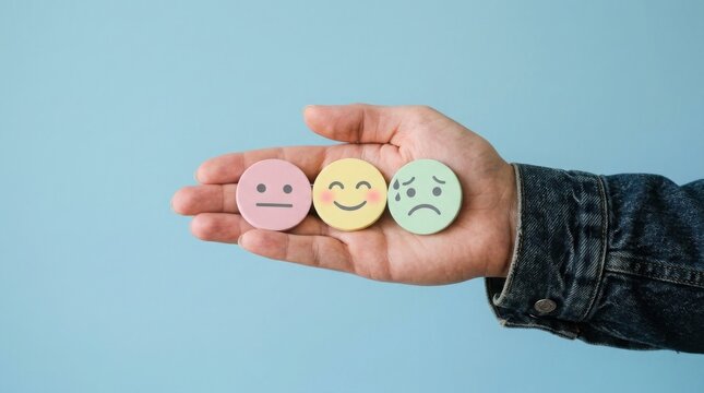 Hand holding three circular tokens with different facial expressions