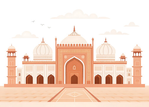 Buland Darwaza and surrounding Mughal architecture, elegant arches and domes, warm sandstone simplified into geometric vector shapes, pastel terracotta and peach palette