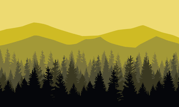Dense pine forest silhouette against layered mountain range during yellow sunset vector illustration