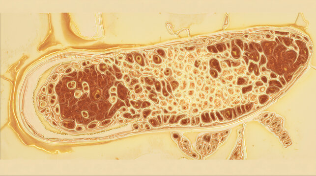 Peripheral nerve fascicle cross-section illustration in warm amber gold tones on cream background