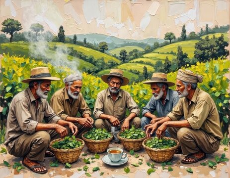 Elderly Men Gathering and Harvesting Crops in Green Fields Under Blue Sky