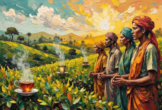 Vibrant Painting of Rural Farmers Watching Tea Growing in a Sunny Landscape