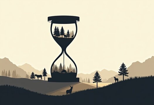 Forest animals inside hourglass showing time passing through nature