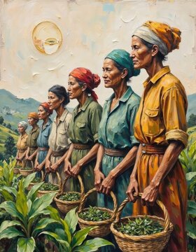 Women farmers working in a lush green field under the sun, carrying baskets of harvest