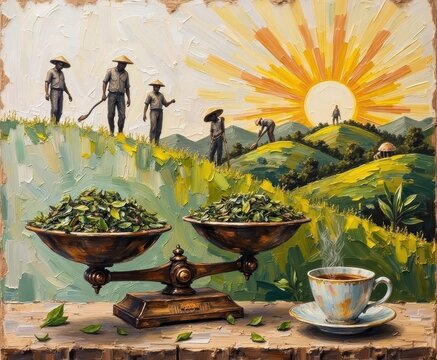 Vibrant Painting of Farmers Working on Green Hills with Sun and Coffee Cup