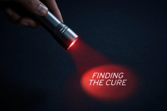 Flashlight beam illuminating finding the cure text in red