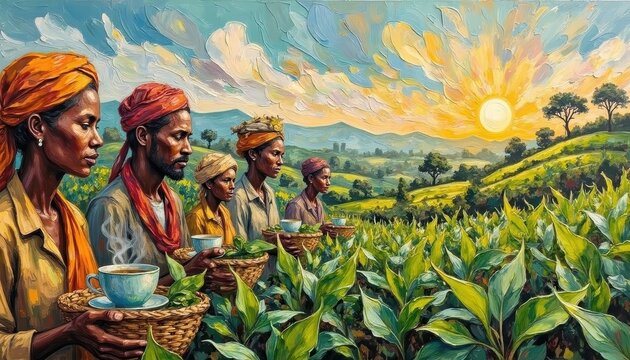 Vibrant painting of farmers in traditional attire harvesting crops at sunrise