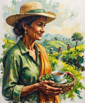 Elderly Woman in Traditional Clothing Holding Tea Cup in Tea Plantation Landscape