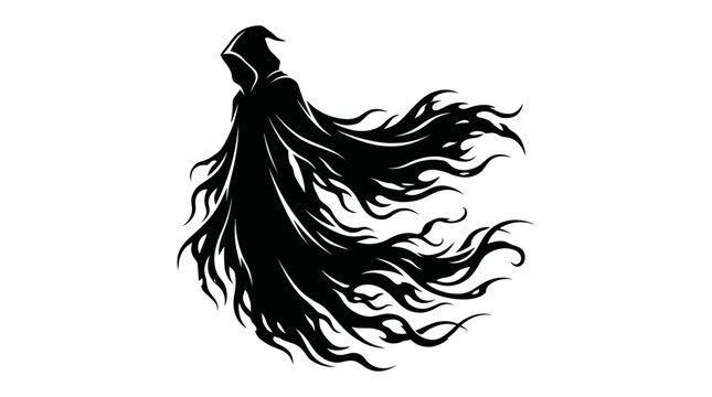 Halloween Abstract dark fantasy villain silhouette, flowing wizard cloak and hood, mysterious mystical figure, gothic character vector suitable for tattoo and game design vactor