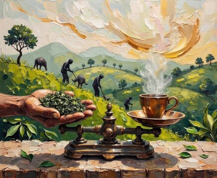 Artistic landscape painting with human figures, coffee cup, and nature scene