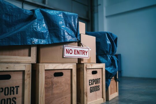 Stacked wooden crates and boxes covered with blue tarpaulins in a warehouse, with a red 'No Entry' sign.
