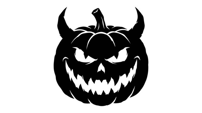 Halloween Evil Halloween pumpkin silhouette with demon horns and menacing grin. Scary black jack o lantern icon with sharp teeth. Spooky holiday illustration for print and design vactor