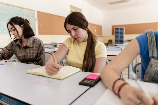 Young female students concentrating on their studies in classroom
