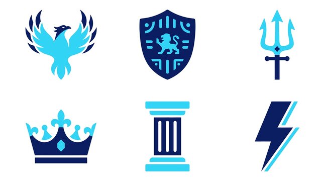 Set of six fantasy house crests and emblems in blue and dark theme