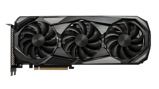Futuristic Triple-Fan Graphics Card with Premium Metal Heatsink Isolated on White