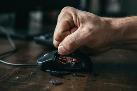 Fist smashing a broken computer mouse on a wooden desk, frustration and anger concept