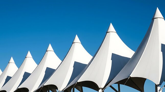 Architecture with White Tensile Fabric Structures Against Blue Sky