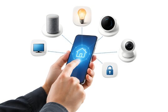 Smart Home Technology with Smartphone Controlling Connected Lights Thermostat Camera and Speaker