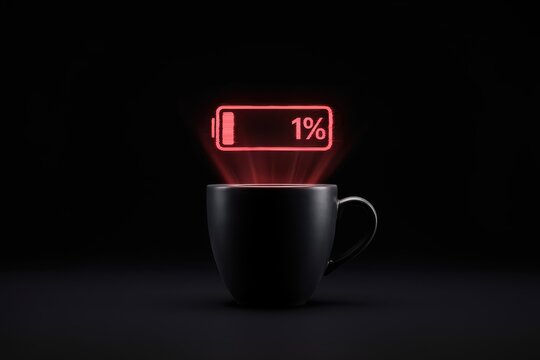 Black coffee mug with a holographic 1% battery symbol projected from it, low energy concept