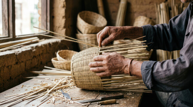 Artisan hands weaving a traditional woven basket with natural materials.