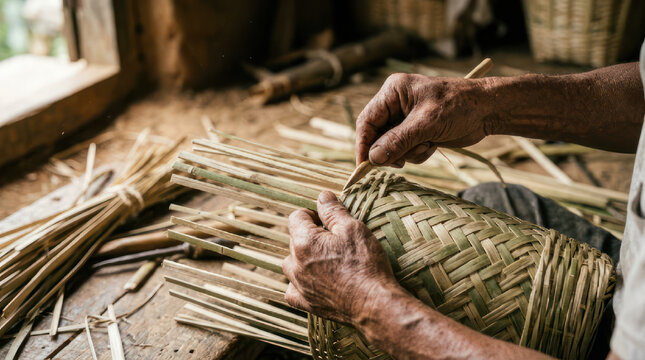 Artisan weaving a basket with natural materials.