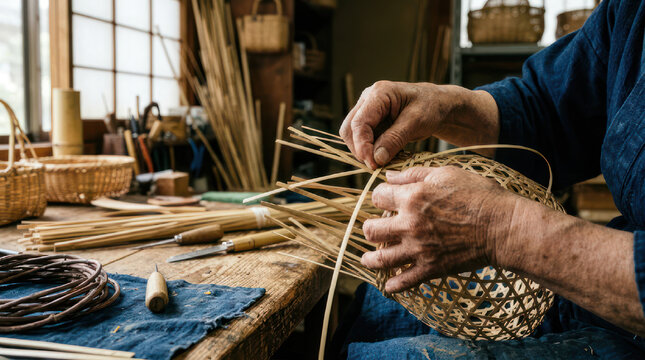 Artisan weaving a basket with natural materials on a wooden workbench.