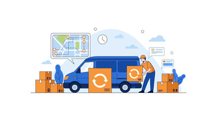 Naklejka premium Logistics Delivery Service with Courier Loading Van and GPS Tracking Illustration