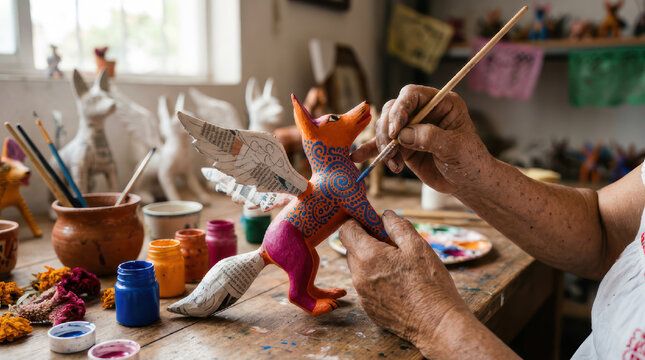 Artist painting a colorful fox sculpture with watercolors.