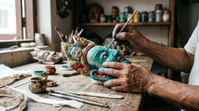 Artist painting a colorful traditional mask with a brush.