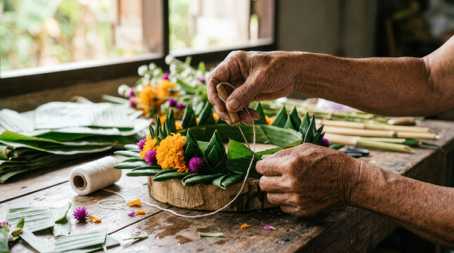Hands crafting a beautiful floral arrangement with fresh flowers and green leaves.