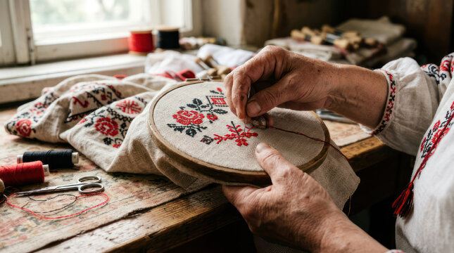 Elderly womans hands embroidering a floral pattern on fabric.