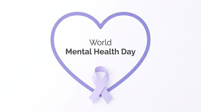 World mental health day heart frame with light purple ribbon vector illustration psychology care campaign card design