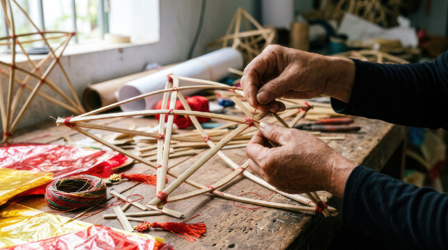 Hands crafting a delicate bamboo lantern frame with thread.